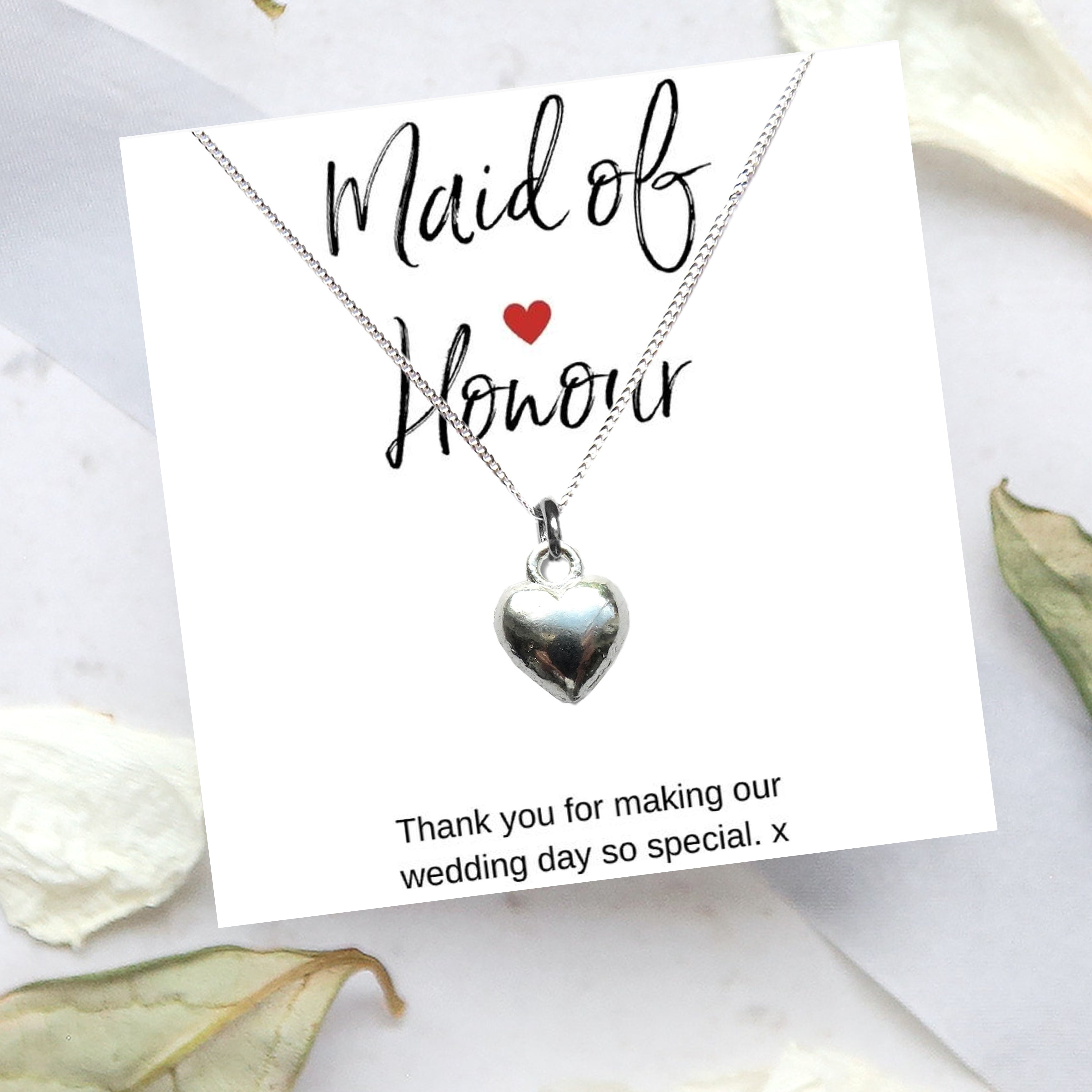 Maid of Honour Heart Necklace & Thank You Gift Card
