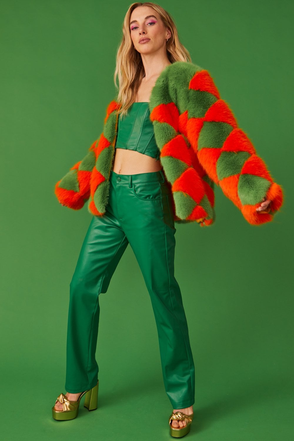 Delilah Green Red Faux Fur Jacket